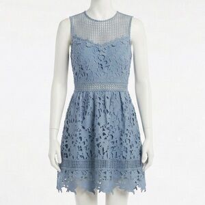 Aqua Lace Fit & Flare Mini Dress Blue Illusion Mesh Eyelet Wedding Guest XS